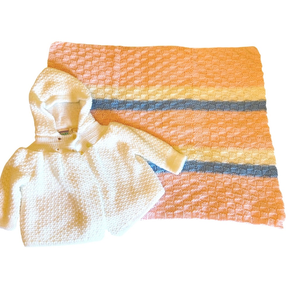Vintage Set Baby Kisses White Hooded Knit Sweater Pastel Striped Blanket 30x24"